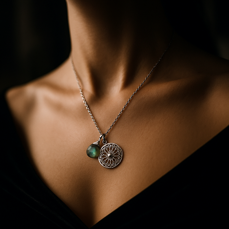 Labradorite Gemstone Mandala Jewelry Set - 925 Sterling Silver Meditation Chain - K925-118