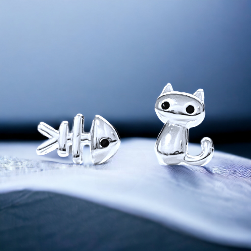 925 Sterling Silber Ohrstecker "Katze & Fisch" - OHR925-166