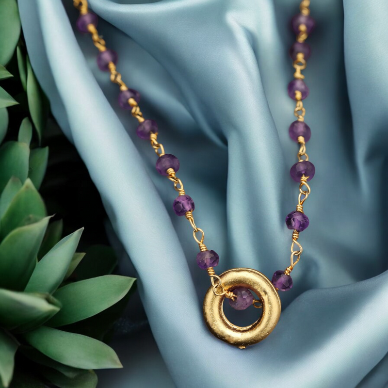 Amethyst Gold Circle Gold Chain Purple Violet Crystal Jewel Necklace VIK-01