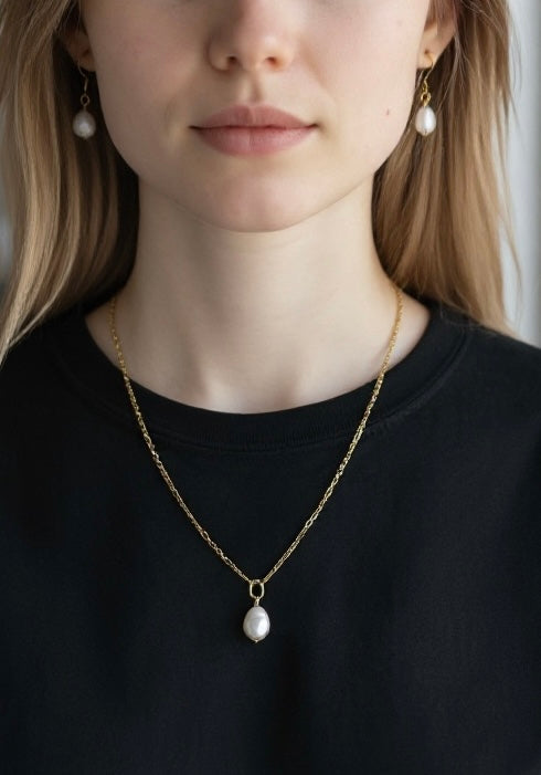 Baroque Keshi Pearl Jewelry Set – 925 Sterling Silver 18k Gold Plated | Necklace 50cm &amp; Earrings | Hypoallergenic | Nickel-Free 