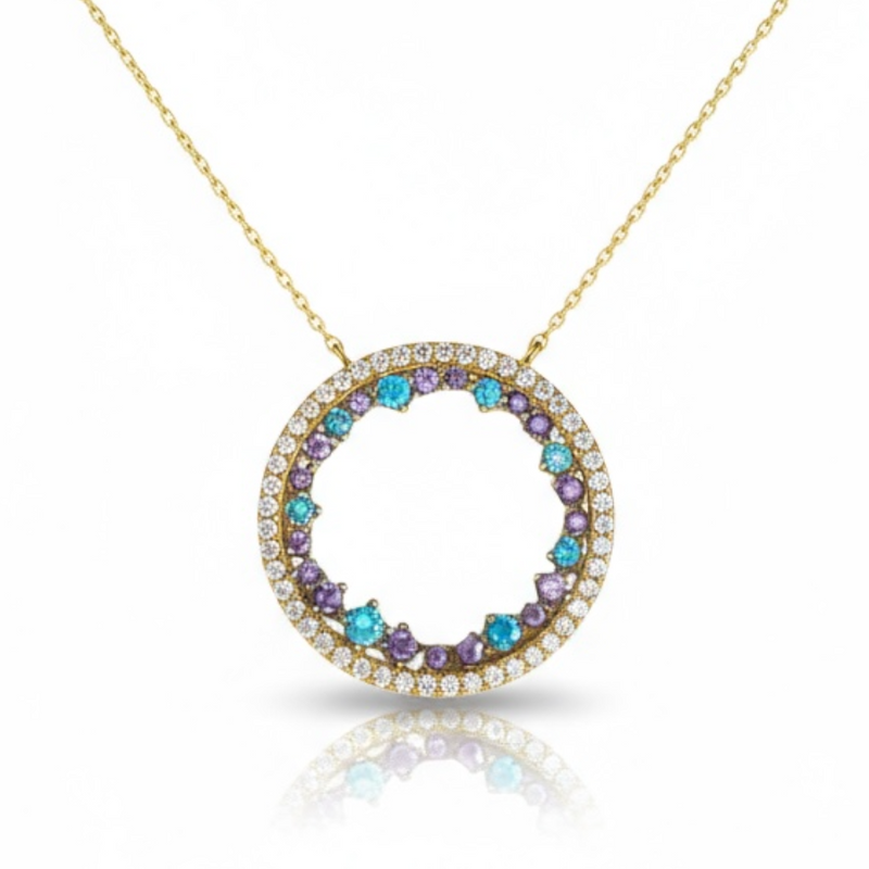 585 (14k) Echtgold Kette mit Kreis Anhänger & Zirkonia in Blau & Violett – 41 cm – „Galaxia Circle“