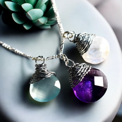 Gemstone chain with aquamarine moonstone & amethyst - 925 sterling silver - K925-133