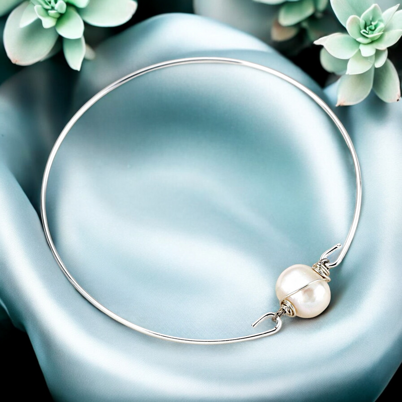 Sweet water pearl bangle - silvered natural pearl wire maritim minimalist jewelry - Retremm-29