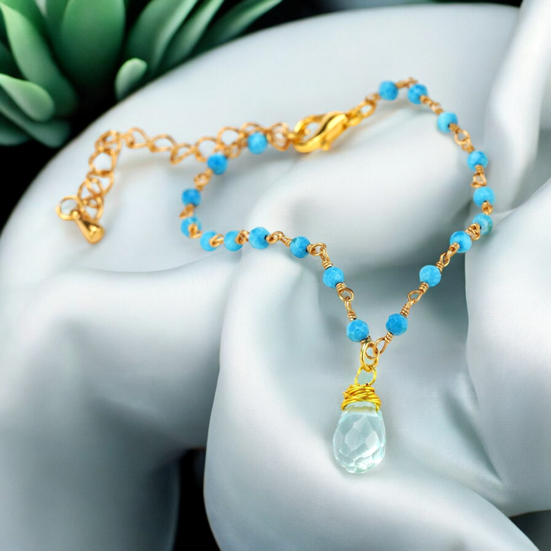 Chalcedon Drops Gold Necklace-Gold Plated Blue Gemstone Rondellen Elegant Necklace