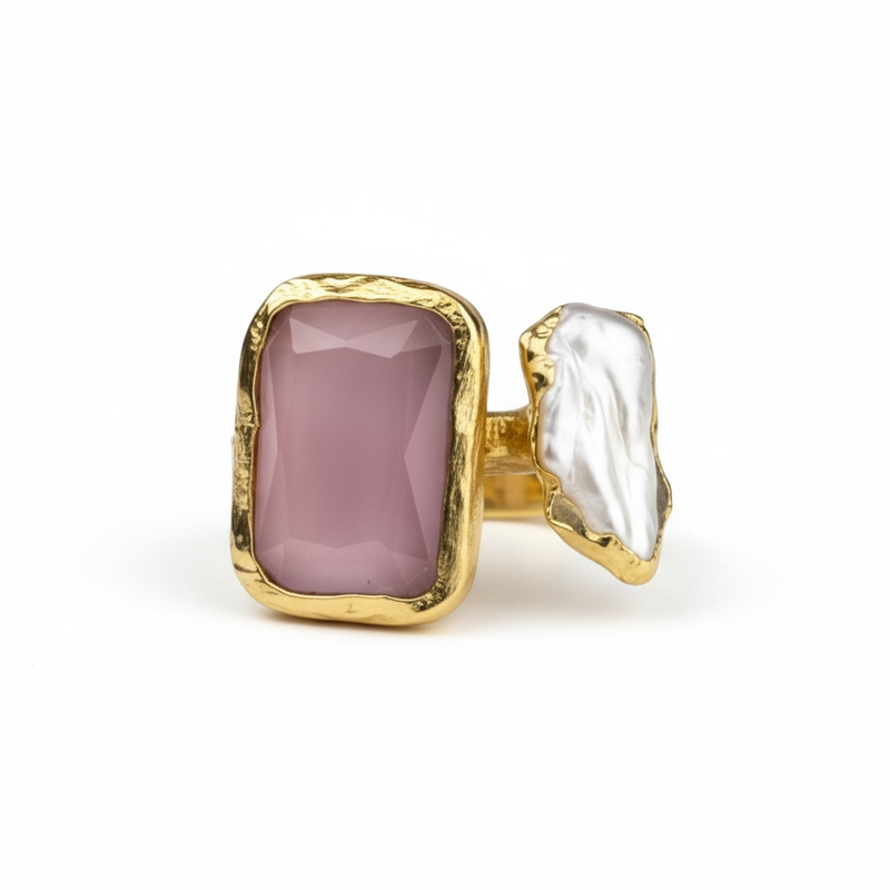 Magischer Statement Ring vergoldet mit Turmalin & Keshi-Perle / größenverstellbar, handgefertigt & allergikerfreundlich