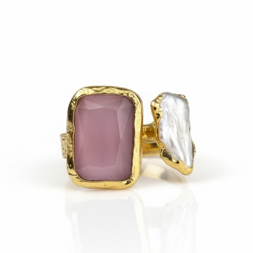 Magischer Statement Ring vergoldet mit Turmalin & Keshi-Perle / größenverstellbar, handgefertigt & allergikerfreundlich