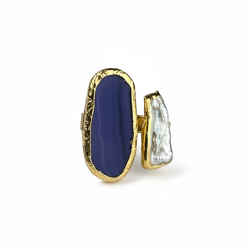 Dunkelblauer Achat-Ring mit Keshi-Perle | vergoldet | verstellbar | nickelfrei & bleifrei | handgefertigt