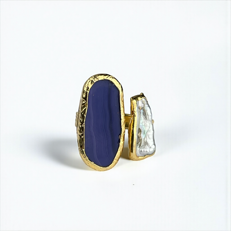 Dunkelblauer Achat-Ring mit Keshi-Perle | vergoldet | verstellbar | nickelfrei & bleifrei | handgefertigt