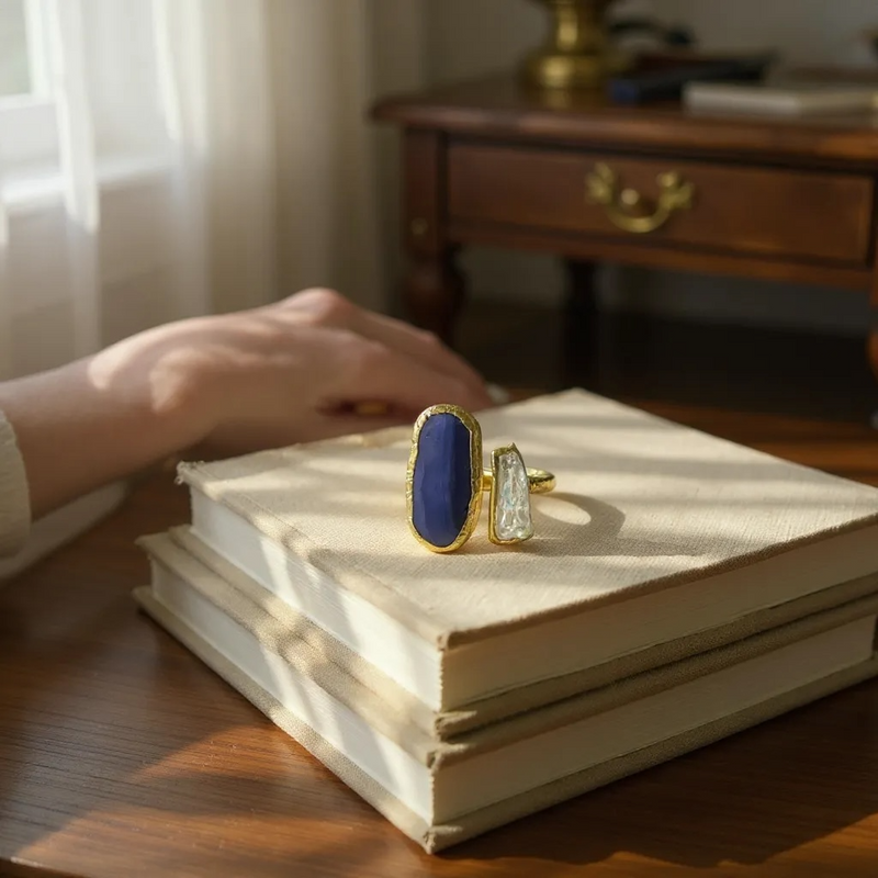 Dunkelblauer Achat-Ring mit Keshi-Perle | vergoldet | verstellbar | nickelfrei & bleifrei | handgefertigt
