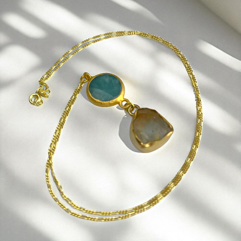 „Soul Light“ 925 Sterling Silber Kette mit Türkis & Citrin, 18K vergoldet, 4 x 1 cm Anhänger, 50 cm, hypoallergen & für Allergiker geeignet