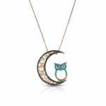 Luna Noctua – 585 (14K) Echtgold Kette mit Mond- und Eulenanhänger, Roségold vergoldet, Zirkonia in Türkis & Schwarz, 41 cm