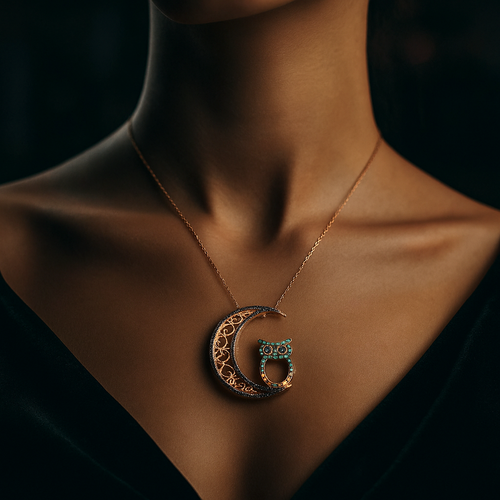 Luna Noctua – 585 (14K) Echtgold Kette mit Mond- und Eulenanhänger, Roségold vergoldet, Zirkonia in Türkis & Schwarz, 41 cm