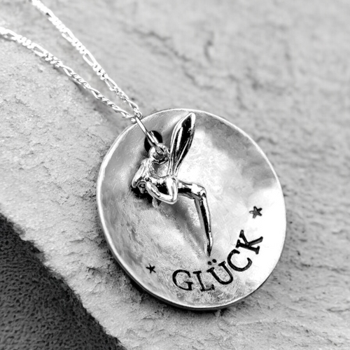 Lucky Engraved Necklace with Fairy Pendant – 925 Silver Chain 70cm | "Lucky" Mantra Engraving | Hypoallergenic &amp; Nickel-Free