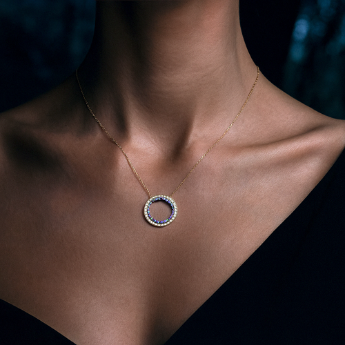 585 (14k) Echtgold Kette mit Kreis Anhänger & Zirkonia in Blau & Violett – 41 cm – „Galaxia Circle“