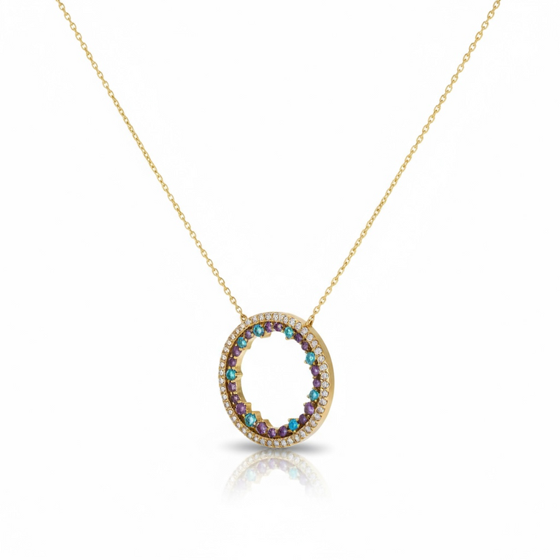 585 (14k) Echtgold Kette mit Kreis Anhänger & Zirkonia in Blau & Violett – 41 cm – „Galaxia Circle“