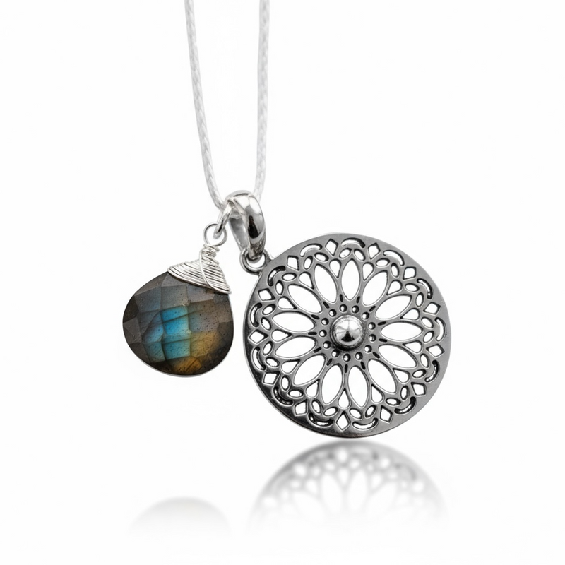 Labradorite Gemstone Mandala Jewelry Set - 925 Sterling Silver Meditation Chain - K925-118