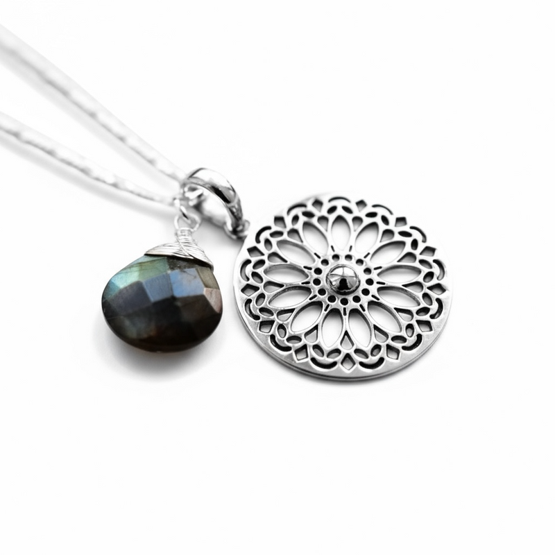 Labradorite Gemstone Mandala Jewelry Set - 925 Sterling Silver Meditation Chain - K925-118