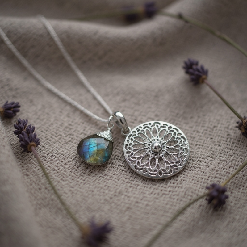 Labradorite Gemstone Mandala Jewelry Set - 925 Sterling Silver Meditation Chain - K925-118