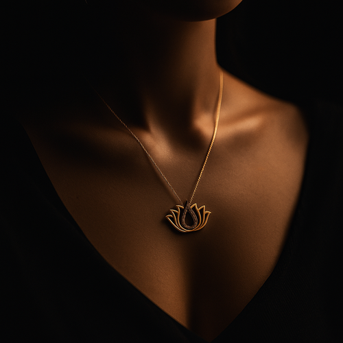Echtgold 585 Lotus-Kette mit schwarzen Zirkonia – 40 cm – Spirituelle Damen Halskette in feinem Design