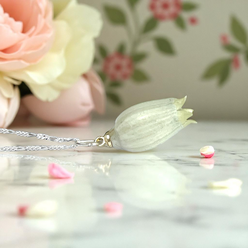 925 Sterling Silver Necklace with Real Lily of the Valley Blossom – Timeless Jewelry for Allergy Sufferers, 50 cm Chain, 2.5 cm Pendant