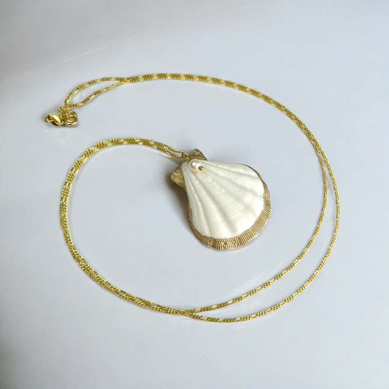 925 Sterling Gold Gold Gold chain with shell and freshwater pearl -K925-111