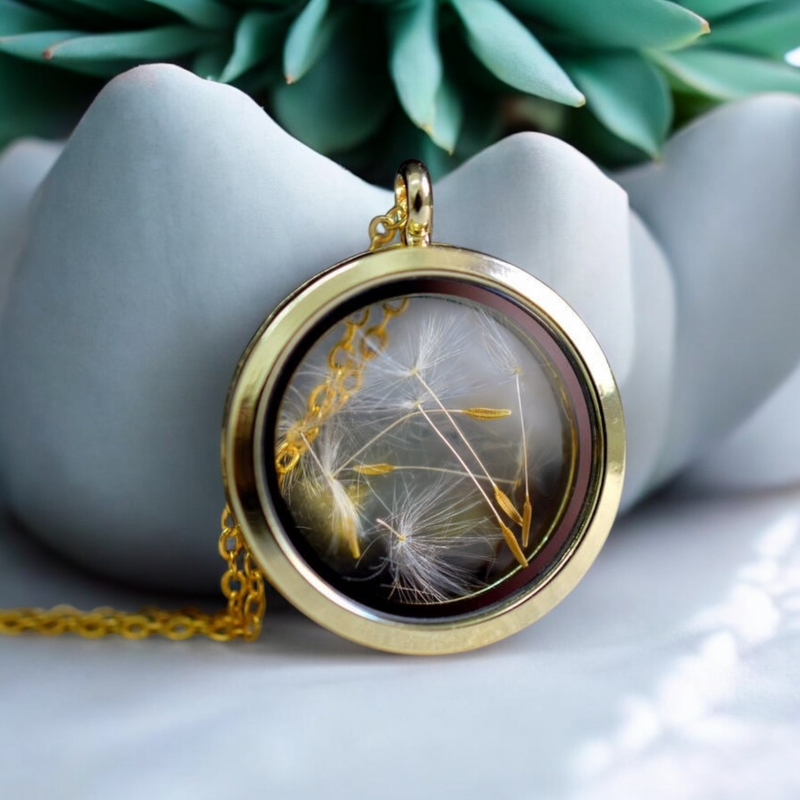 Flowers of brass Seeds of glass Medallion necklace Gold-plated terrarium Botanical jewellery -VIK-127