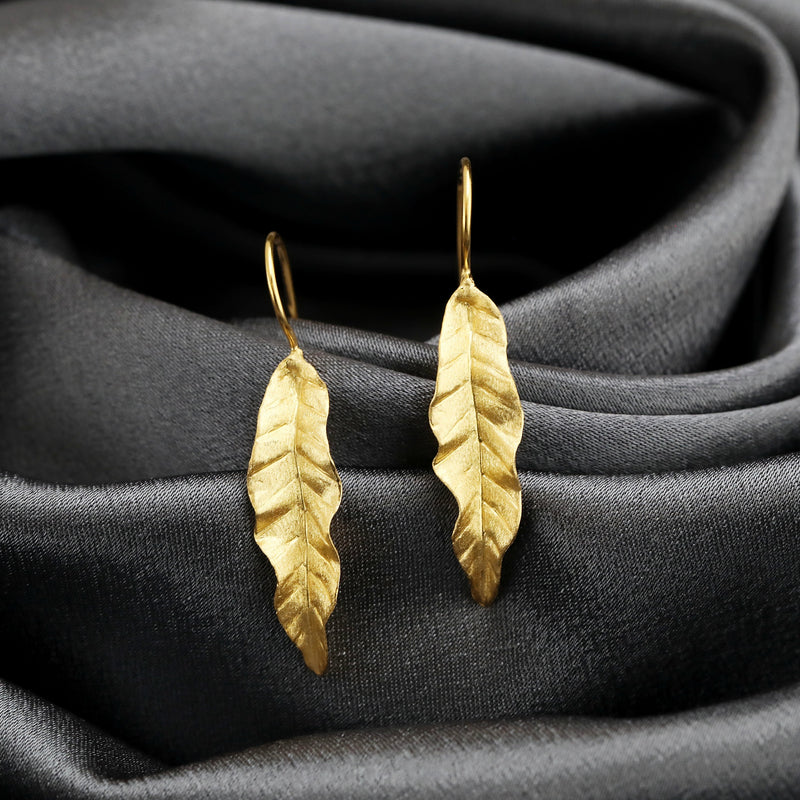 Long Leaves Earrings 925 Sterling Gold Plated Nature Jewelry Gift Idea - Ear925-108