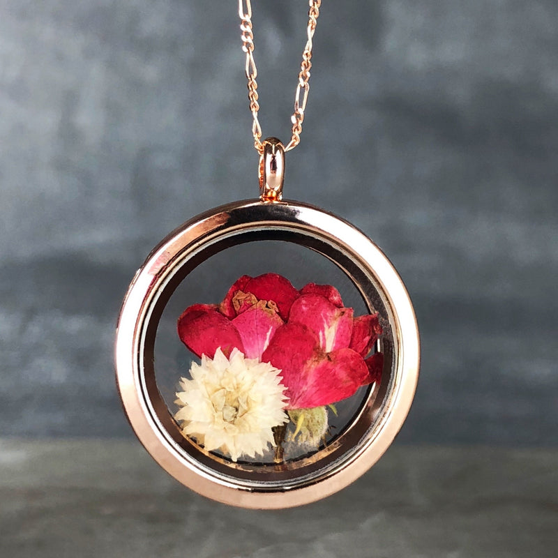 Real Rose and Chrysanthemum 925 Sterling Rosegold Gilded Medaillon Chain - K925-127