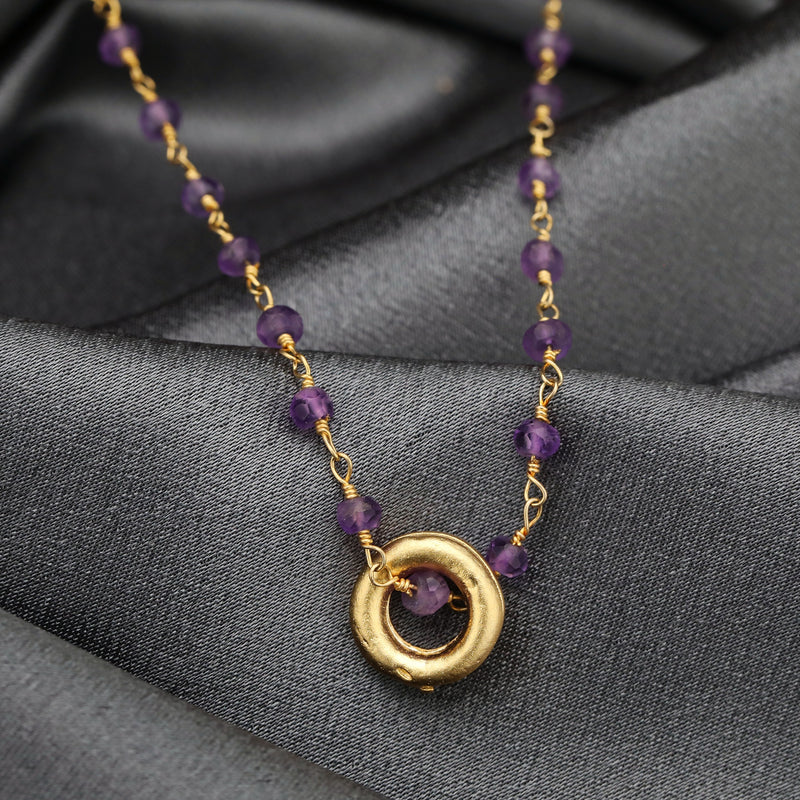 Amethyst Gold Circle Gold Chain Purple Violet Crystal Jewel Necklace VIK-01