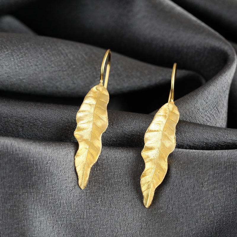 Long Leaves Earrings 925 Sterling Gold Plated Nature Jewelry Gift Idea - Ear925-108