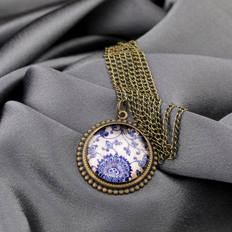 Tiles Glass Pendant Chain - Bronze Oriental Tile Playful Chain - VIK-54