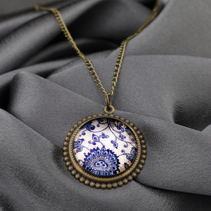 Tiles Glass Pendant Chain - Bronze Oriental Tile Playful Chain - VIK-54