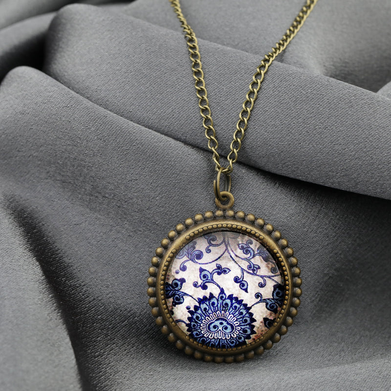 Tiles Glass Pendant Chain - Bronze Oriental Tile Playful Chain - VIK-54