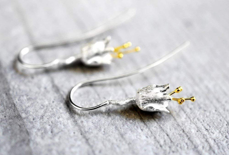 Bellflower Detailed Earrings - 925 Sterling Gold Plated - Stamens Matte - OHR925-86