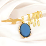 Swallow Blue Cabochon Pendant Chain - 925 Sterling Gold Plated Vintage Style Elegant Chain - K925-130