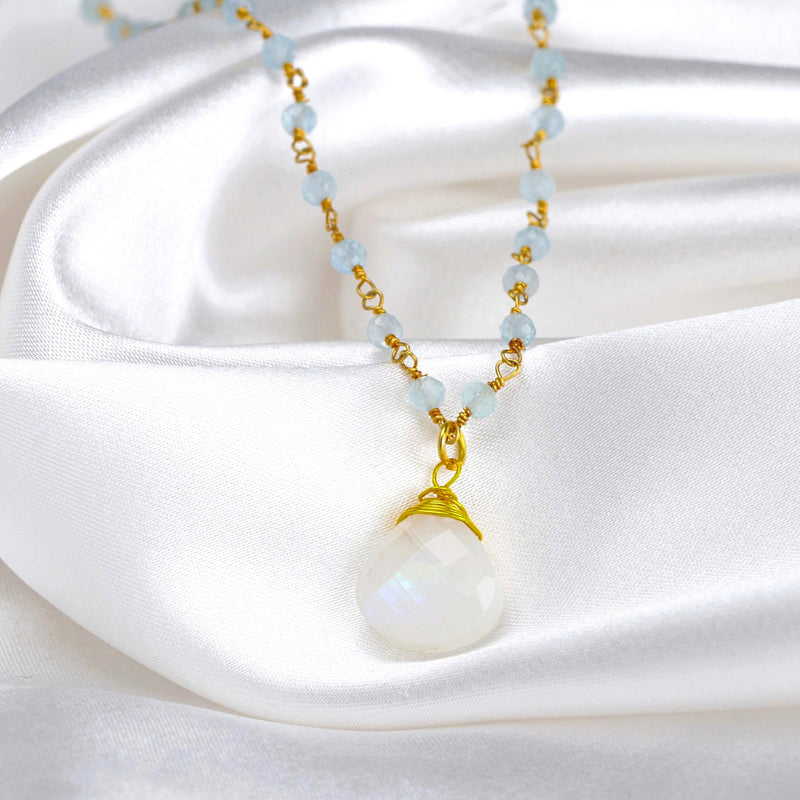 Chalcedon Drops Gold Necklace-Gold Plated Blue Gemstone Rondellen Elegant Necklace