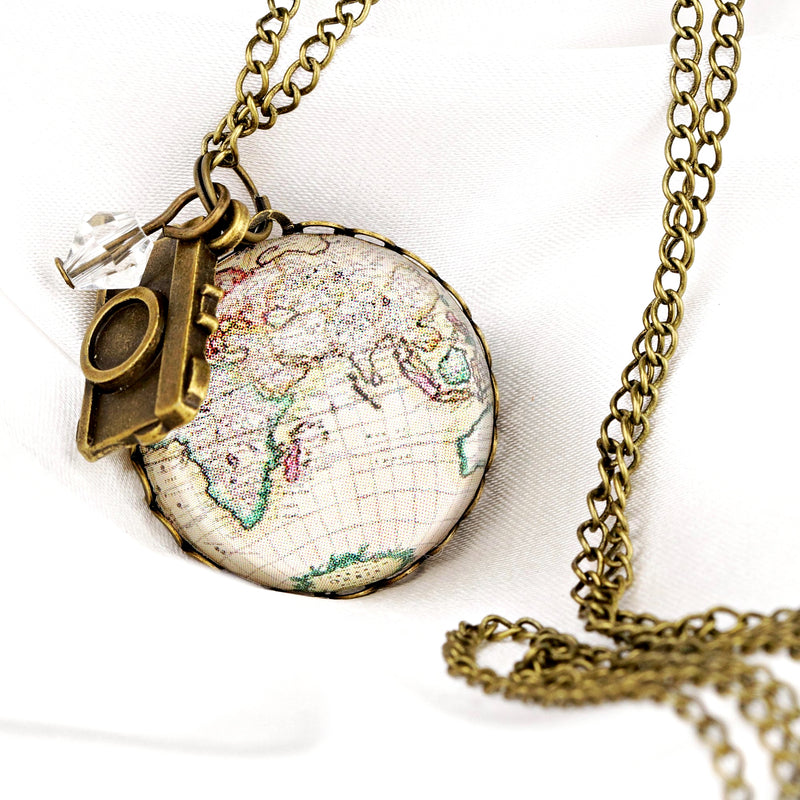 World Map Globe Pendant Chain Vintage Style - Globetrotter Jewelry - VIK-08