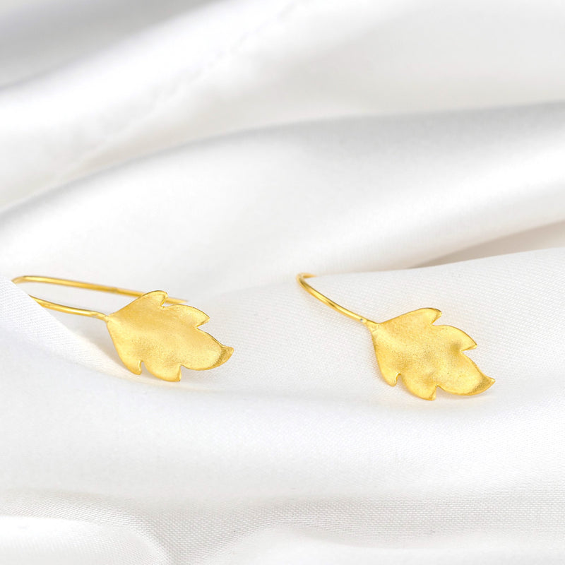 Autumn Leaves Gold Earrings - 925 Sterling Gold Plated Matt Leaf 3D Earrings - Ear925-34