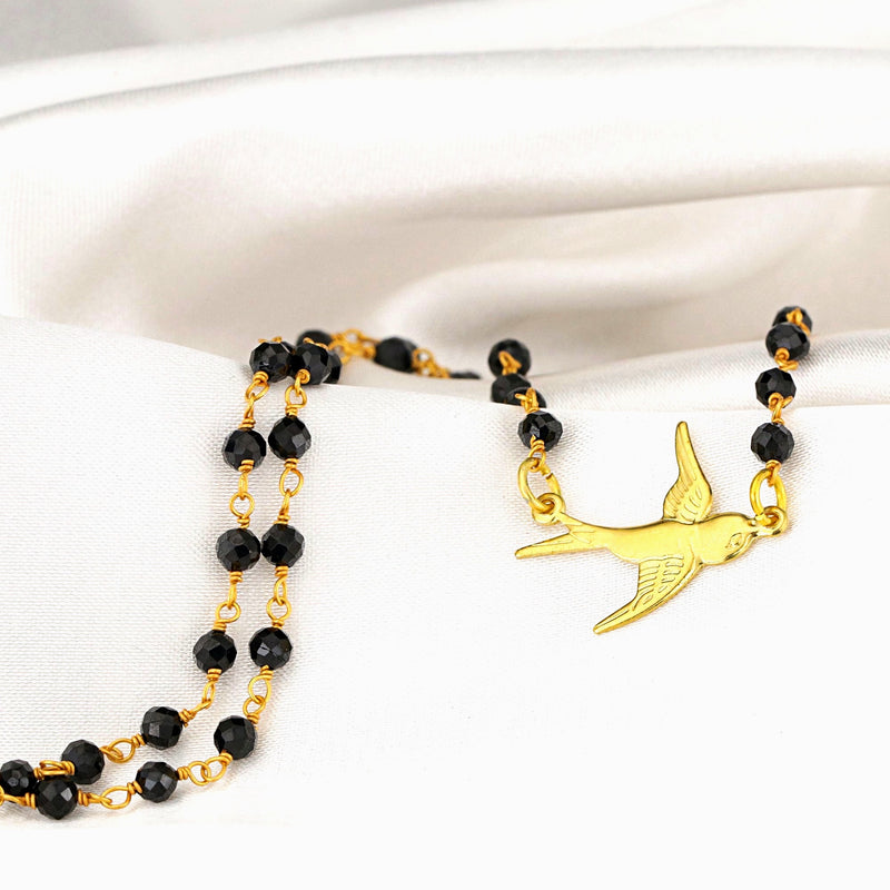 Onyx Swallow Gold Pendant Necklace-Gold-plated Bird Black Gemstone Rondelle Necklace-VIK-04