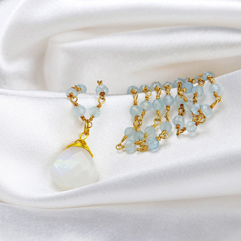 Chalcedon Drops Gold Necklace-Gold Plated Blue Gemstone Rondellen Elegant Necklace