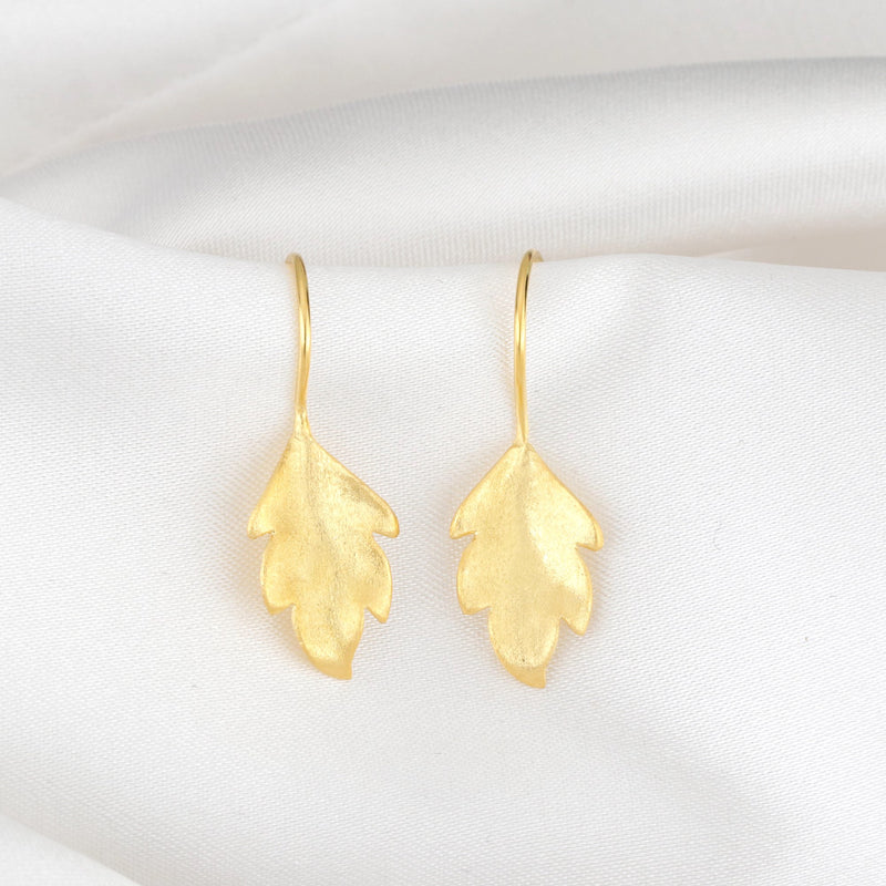 Autumn Leaves Gold Earrings - 925 Sterling Gold Plated Matt Leaf 3D Earrings - Ear925-34