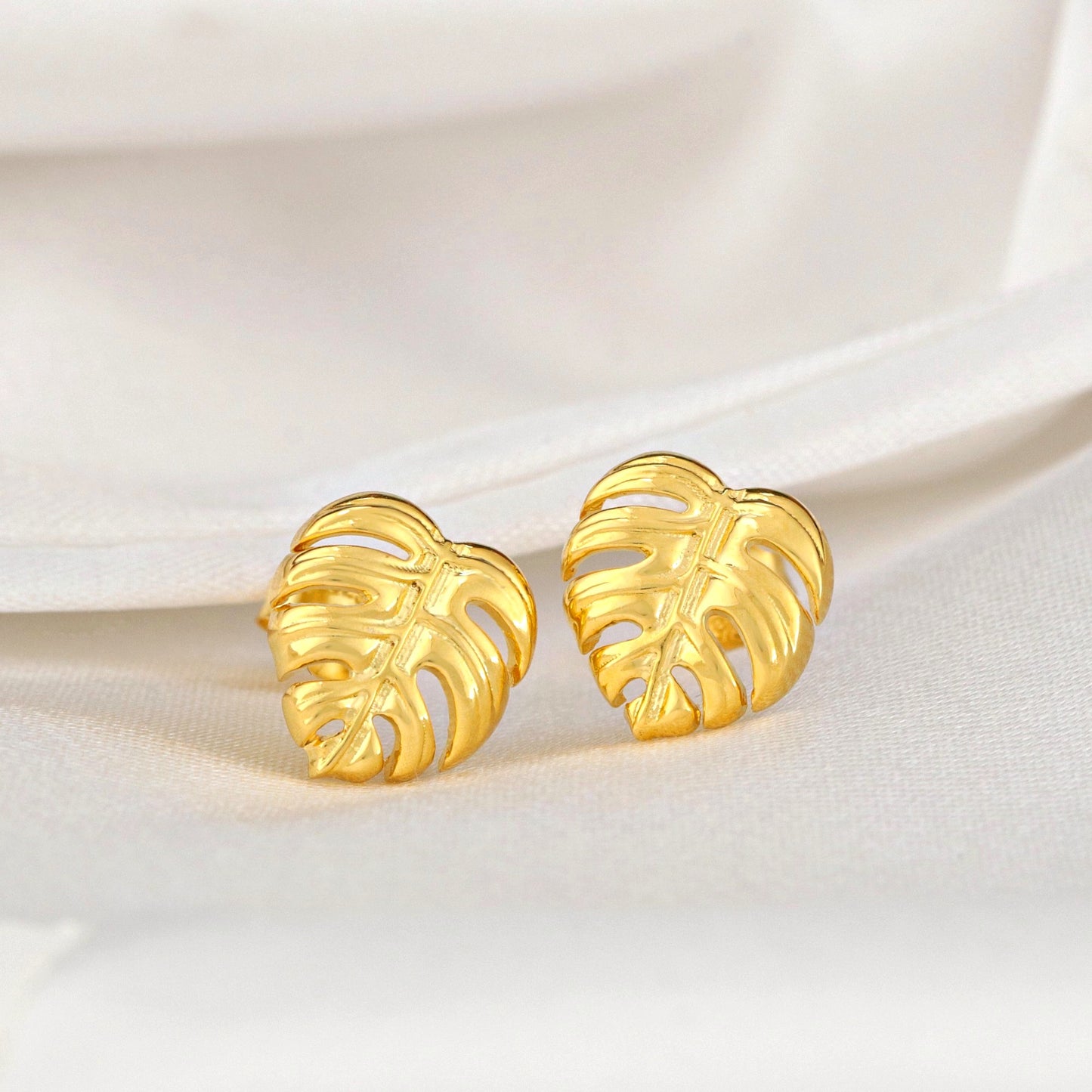 Monstera Leaf Stud Earrings - 925 Gold Gold Plated Exotic Leaves Earrings - Ear925-76