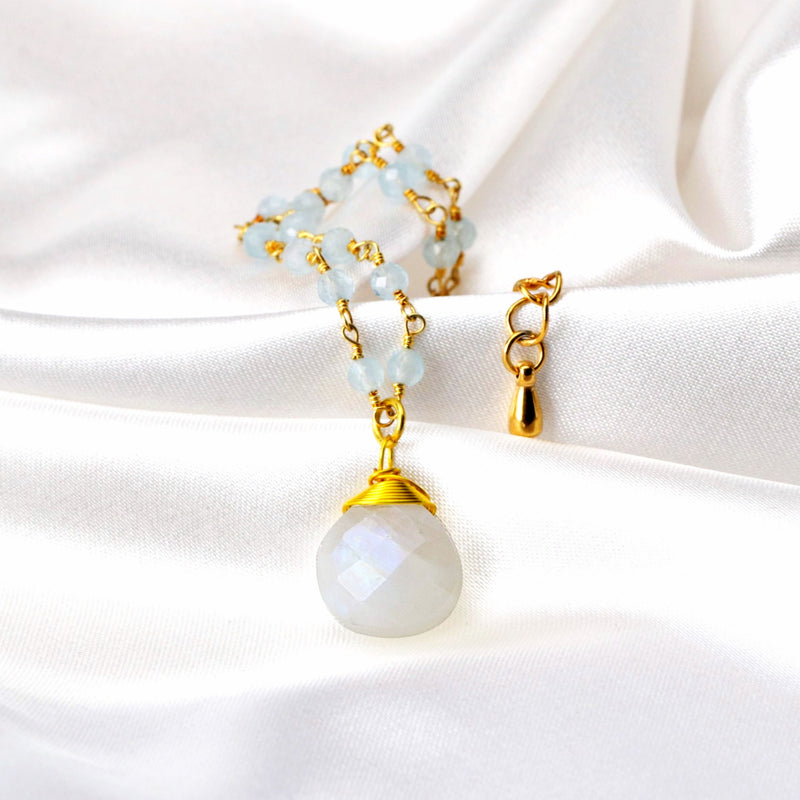 Chalcedon Drops Gold Necklace-Gold Plated Blue Gemstone Rondellen Elegant Necklace