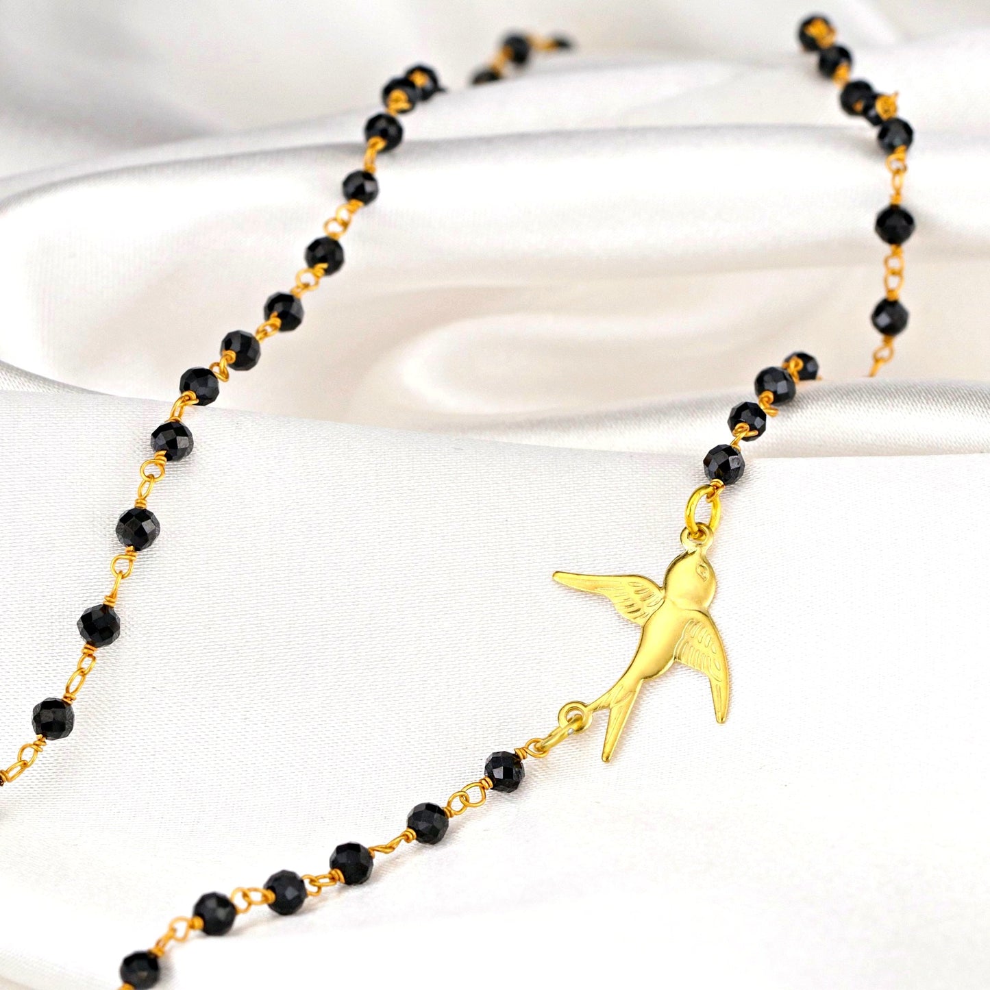 Onyx Schwalbe Gold Pendant Chain - Gold Plated Bird Black Gemstone Rondelles Necklace - VIK-04