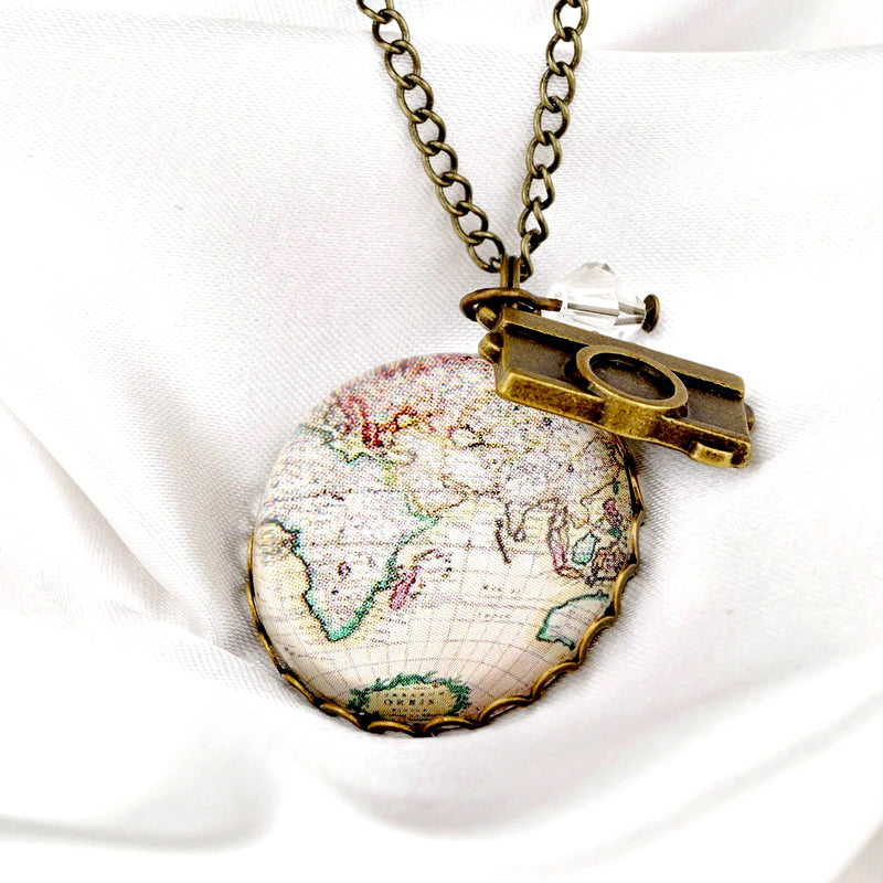 World Map Globe Pendant Chain Vintage Style - Globetrotter Jewelry - VIK-08