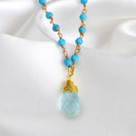 Chalcedon Drops Gold Necklace-Gold Plated Blue Gemstone Rondellen Elegant Necklace