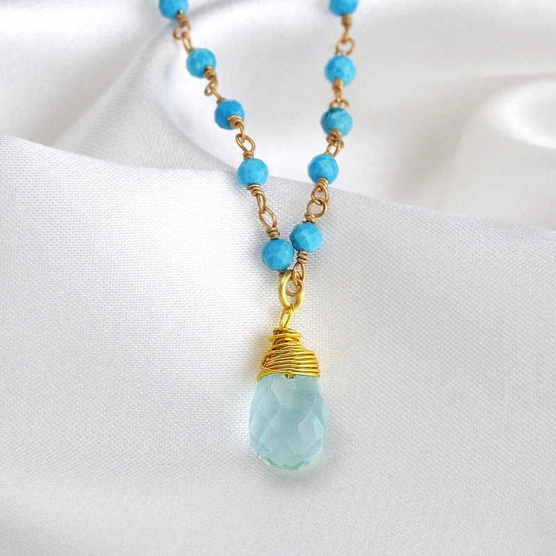 Chalcedon Drops Gold Necklace-Gold Plated Blue Gemstone Rondellen Elegant Necklace