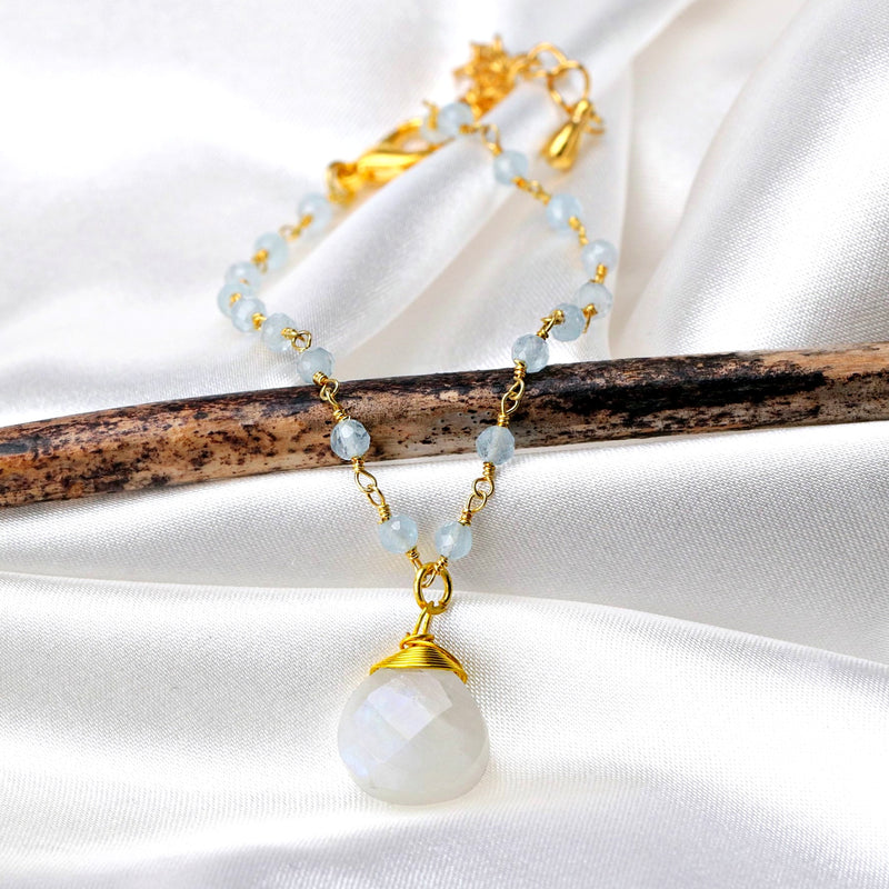 Chalcedon Drops Gold Necklace-Gold Plated Blue Gemstone Rondellen Elegant Necklace