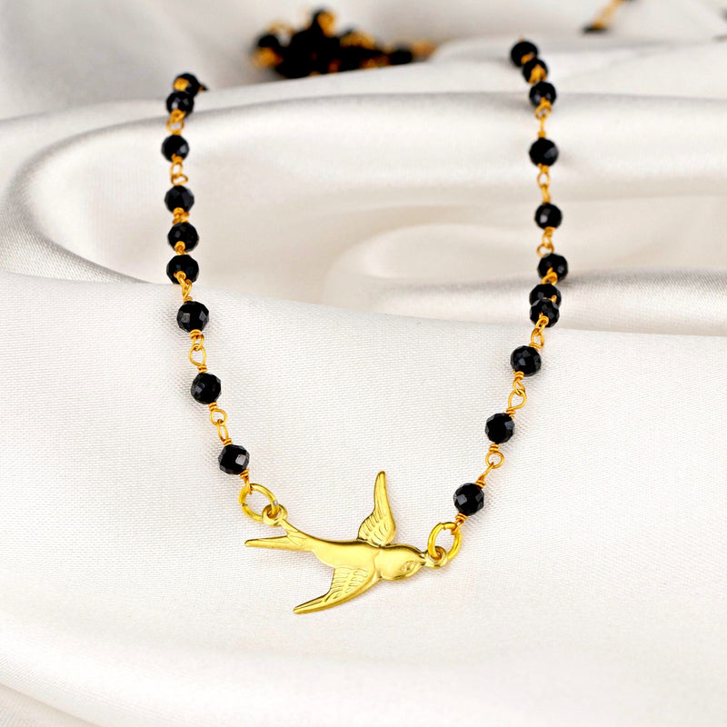 Onyx Swallow Gold Pendant Necklace-Gold-plated Bird Black Gemstone Rondelle Necklace-VIK-04