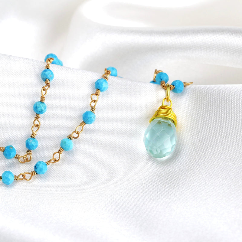 Chalcedon Drops Gold Necklace-Gold Plated Blue Gemstone Rondellen Elegant Necklace